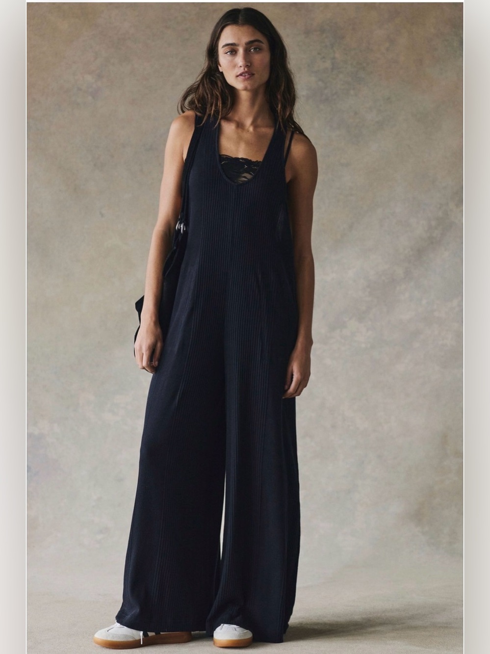 NWT Free People Black Zena Ribbed Wide Leg Jumpsuit Size XS